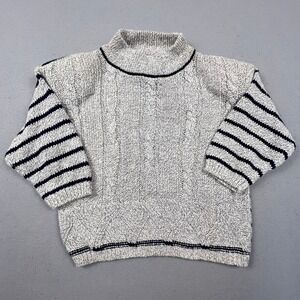T.Q. Vintage Mock Neck Sweater Womens Small Grey Navy Striped Cable Knit Cotton